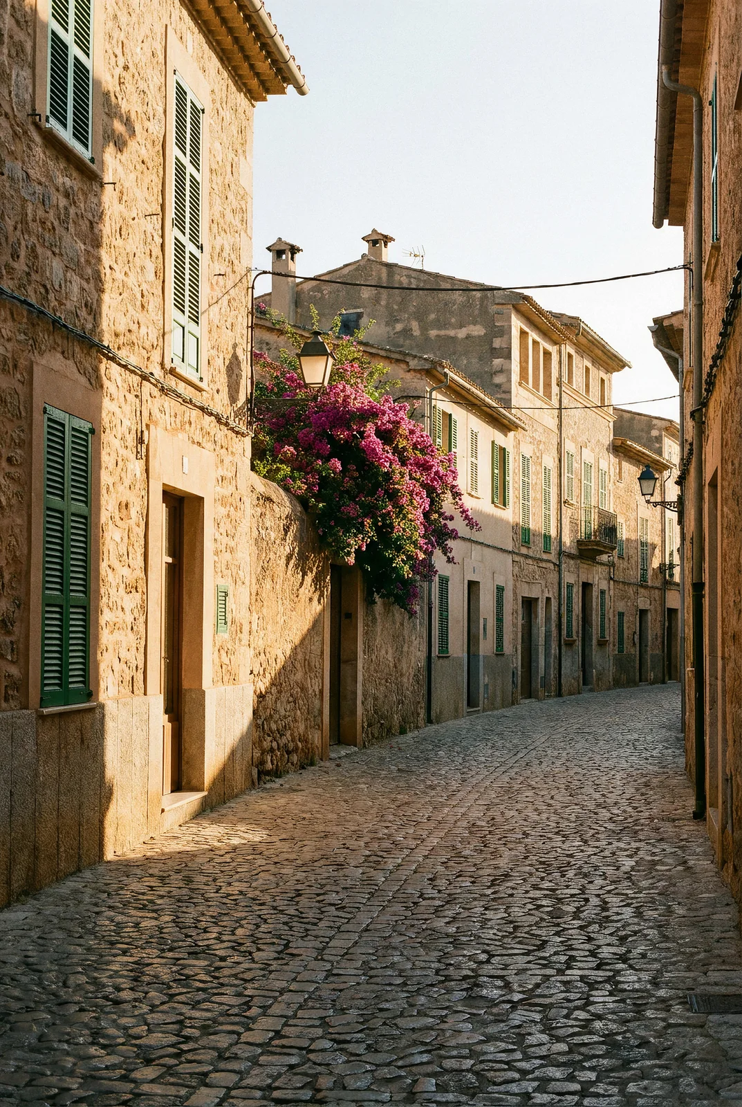 Calle empedrada de un pueblo de Mallorca con fachadas de piedra, persianas verdes y una buganvilla
