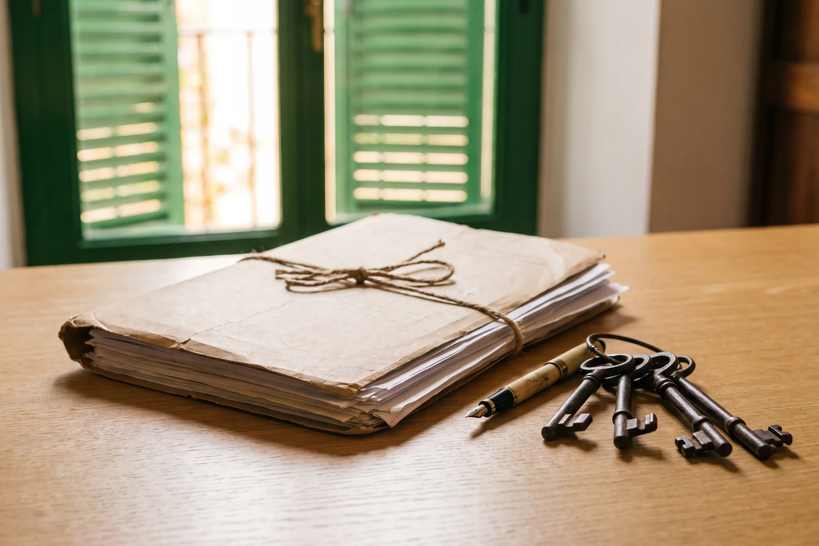 Expediente, estilográfica y llaves antiguas sobre una mesa de despacho, junto a una ventana con persianas verdes