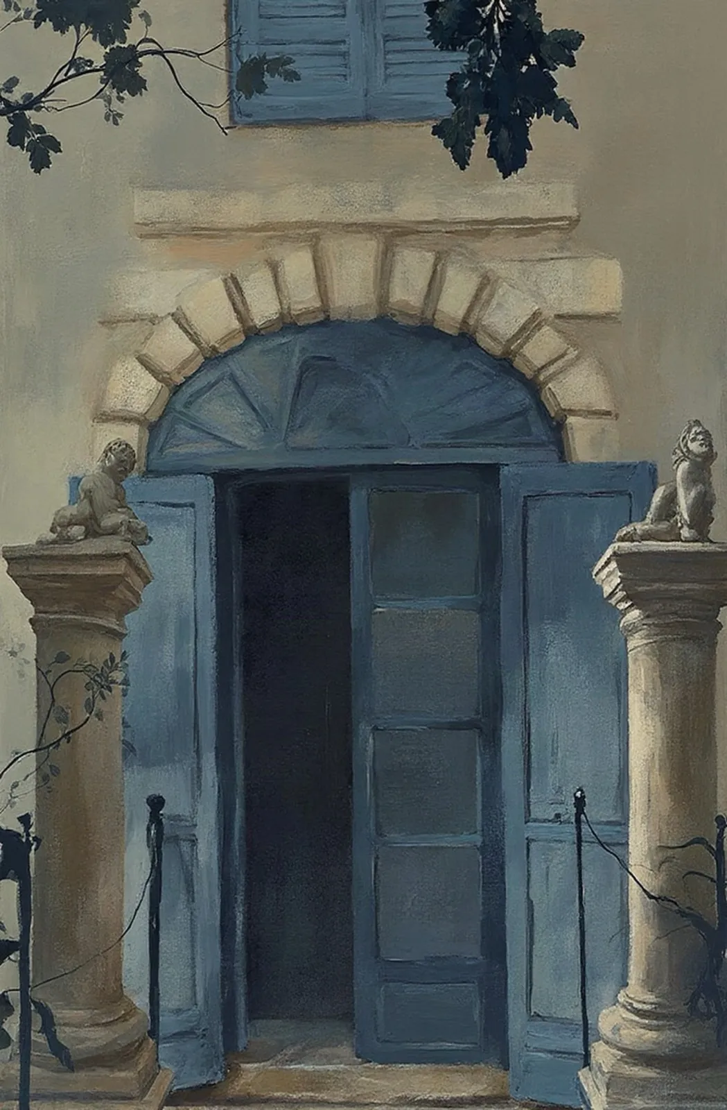 Puerta azul con arco de piedra y querubines, pintada al óleo