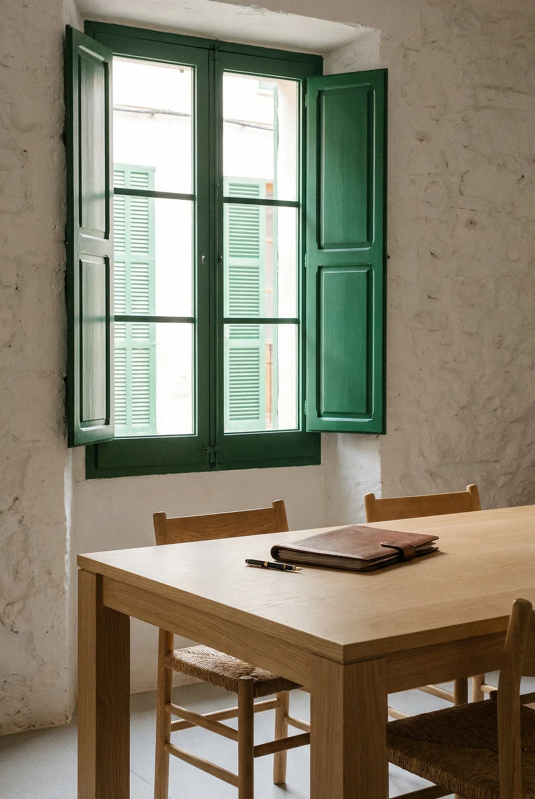 Sala de reuniones con mesa de madera y una ventana con persianas verdes
